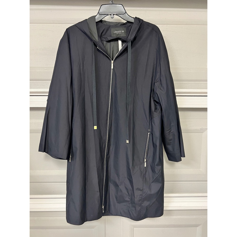 Lafayette 148 New York Longline Coat Jacket sz M Black 100% Silk Hooded Zip Up